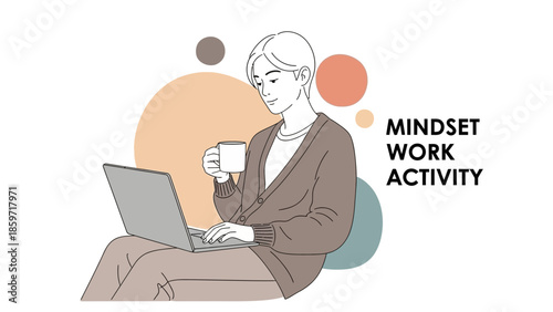 Young professional woman working on laptop with mindset work activity theme in modern illustrative