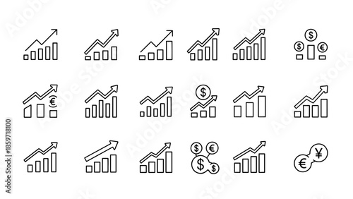 A collection of fifteen black and white, line art icons of bar graphs with upward trending arrows, and money symbols