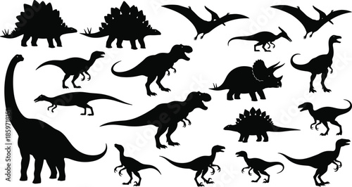 Black dinosaur silhouettes collection illustration, prehistoric reptiles set including tyrannosaurus stegosaurus triceratops pterosaurs, educational science vector design
