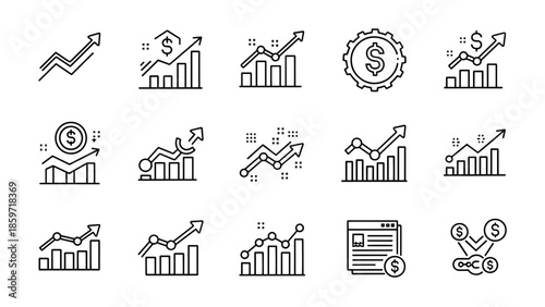 A black and white illustration shows various business and financial icons, including charts, graphs, and monetary symbols