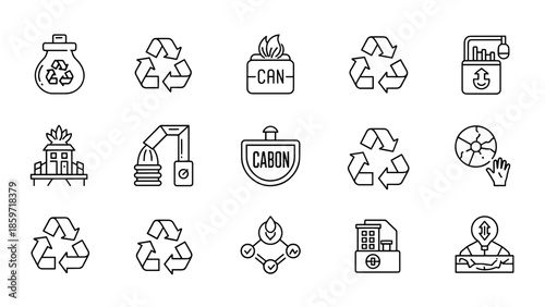 A collection of fifteen minimalist line art icons symbolizing environmental protection and recycling, various designs are shown