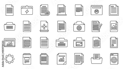 A black and white vector graphic illustrating various flat design document icons and folders for data and information. The style is simplistic