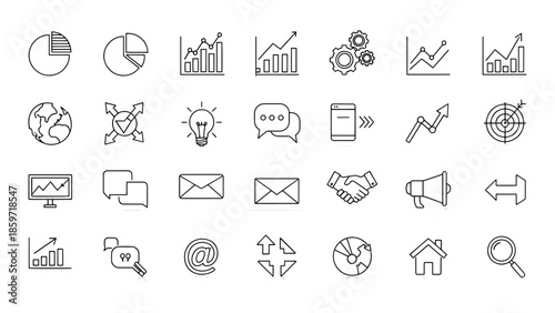 A collection of hand-drawn business and technology icons, featuring charts, graphs, communication, and web symbols in a simple, minimalist style