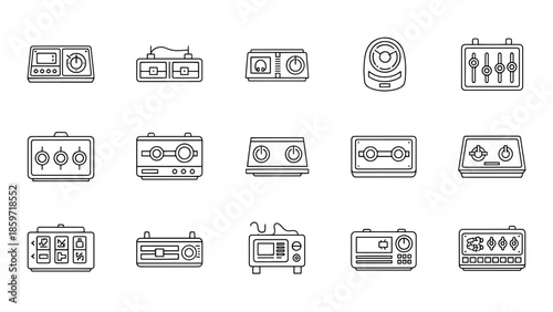 A collection of fifteen minimalist, outlined illustrations of electronic devices, including controls, dials, and displays. All in black
