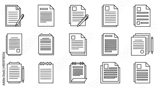 A collection of fifteen minimalist, outlined document icons. These icons represent various paper styles and are ideal for business themes