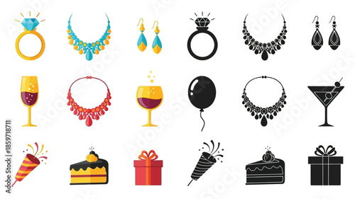 An assortment of jewelry party items and celebratory accessories in vector style