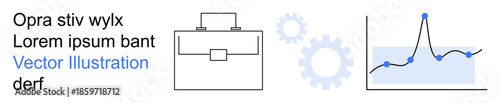 Business strategy, data analysis, workflow management, process optimization, financial planning, corporate tools. A briefcase, settings gears and a line graph. Business and data analysis concepts
