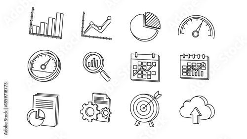 A collection of hand-drawn data visualization icons, including charts, graphs, a magnifying glass, target, cloud, calendar, and gears. All icons are rendered in simple line art style