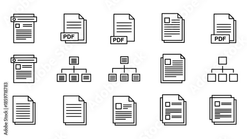A collection of document icons including sheets of paper, forms, and network diagrams represented in a simple, minimal style