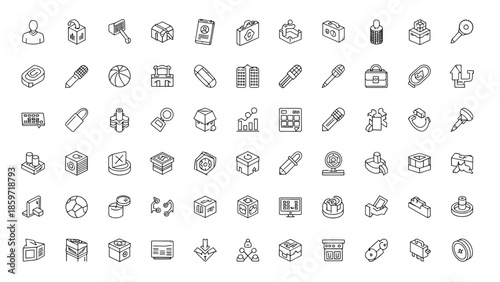 A collection of fifty unique isometric line art icons depicting various objects and shapes for graphic use