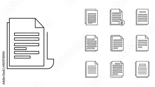 A collection of document icons rendered in a simplified, black and white style, showcasing variations in document layout and design