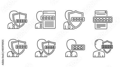 A collection of eight black and white icons illustrating cybersecurity concepts, featuring silhouettes, shields, and password indicators