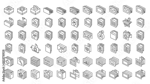 A collection of fifty-six different black and white isometric illustrations depicting various document and file-related concepts and items