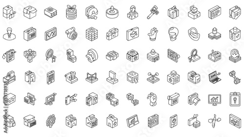 A collection of fifty-six different black and white isometric illustrations depicting various objects and concepts, all outlined