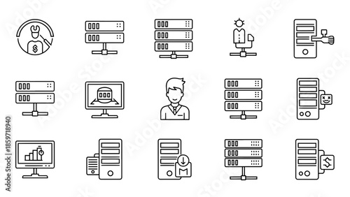 A collection of black and white line art illustrations depicting data server systems and related technology icons