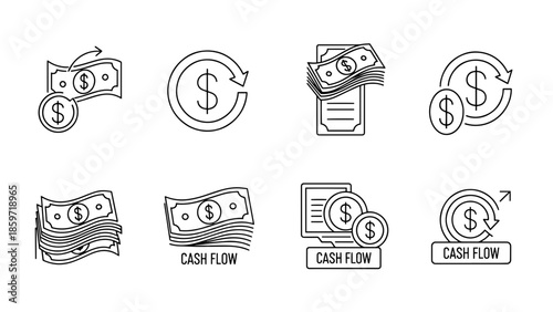 A collection of eight black and white icons representing financial concepts, including dollar signs, currency notes, and coin representations