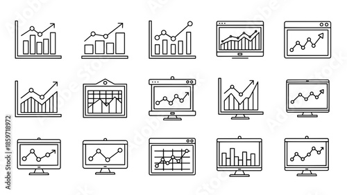A collection of fifteen black and white, line art, stylized illustrations, representing various types of charts and graphs