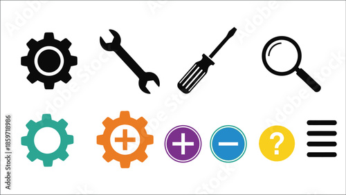 Collection of various tool and symbol icons in a flat design style