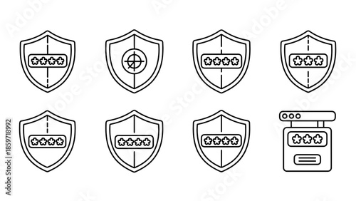 A collection of eight black and white icons representing cybersecurity, featuring shields with password symbols, including a target and a digital device