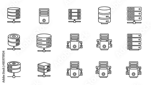 A collection of fifteen black and white, minimalist line art illustrations of data servers and computer tower icons arranged on a white background