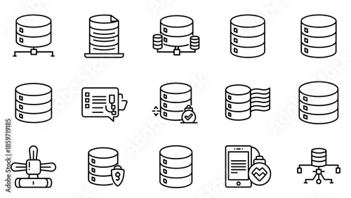A collection of fifteen black and white, minimalist vector icons depicting various database server concepts. These are illustrated in a simple line art style