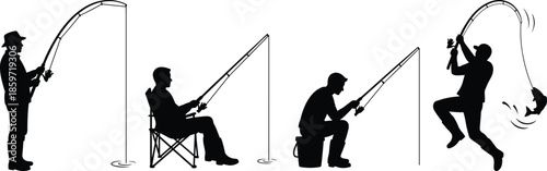 Fisherman silhouette set showing men fishing in different poses from sitting on chair to catching a fish for sports design