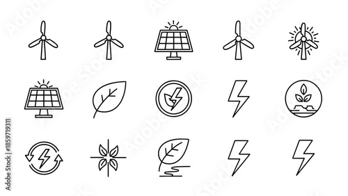 A collection of 15 simple outline icons relating to energy, renewable sources, and environmental sustainability. Includes wind turbines, solar panels, and lightning bolts