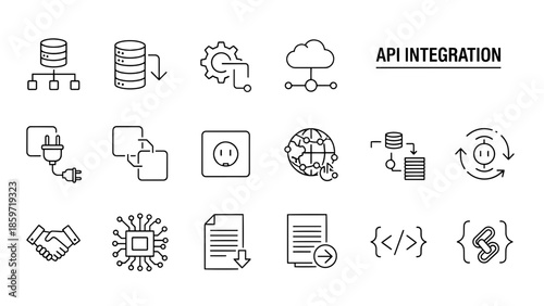 A collection of 15 various line-art icons depicting concepts like data, connection, gear, cloud, power, and code