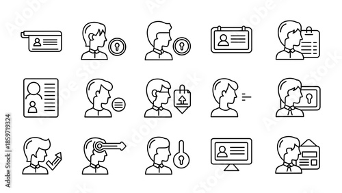 A collection of 15 simple outline icons, depicting human figures, ID cards, locks, and symbolic actions