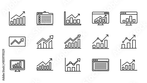 A collection of 15 minimalistic linear illustrations featuring data visualizations, graphs, charts, and diagrams with an upward growth