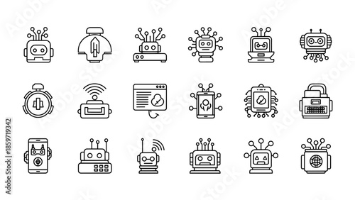 A collection of 15 diverse robot and technology-themed icon designs