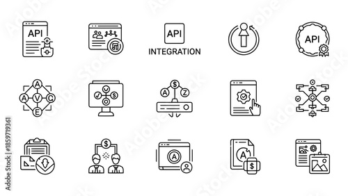A collection of 12 diverse linear vector icons representing various aspects of API integration and data flow