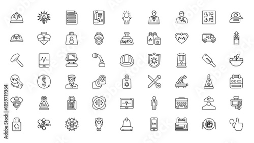 A collection of 49 black and white line icons representing various objects, tools, people, and symbols related to a variety of topics