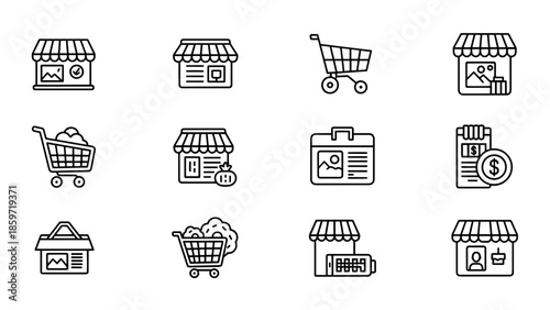 A collection of 12 simple black and white line art icons depicting retail and shopping elements