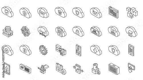 A collection of 3D-isometric line-art icons related to data storage, security, and mobile technology on a clean white background