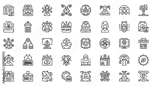 A collection of 49 black outline icons relating to technology, healthcare, communication, and business. The styles of the icons are similar
