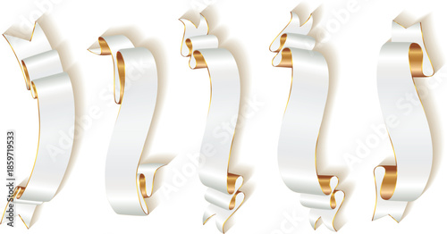 Five White Ribbons with Gold Trim on White Background