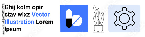 Pill capsule in blue square, potted plant line art, and gear illustration. Ideal for healthcare, technology, nature, minimalism, productivity, education simple landing page