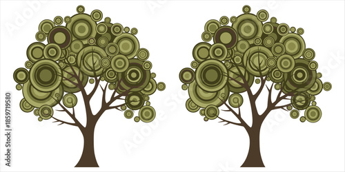 Two Stylized Trees with Concentric Circle Foliage on White Background Keywords: tree, stylized, abstract, art, design, green