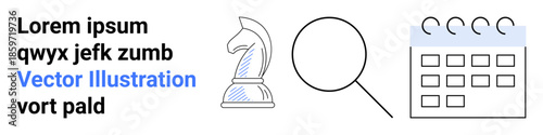 Strategy development, business planning, research, corporate management, time management, scheduling. Chess knight, magnifying glass and calendar icons in clean minimal style. Strategy and business