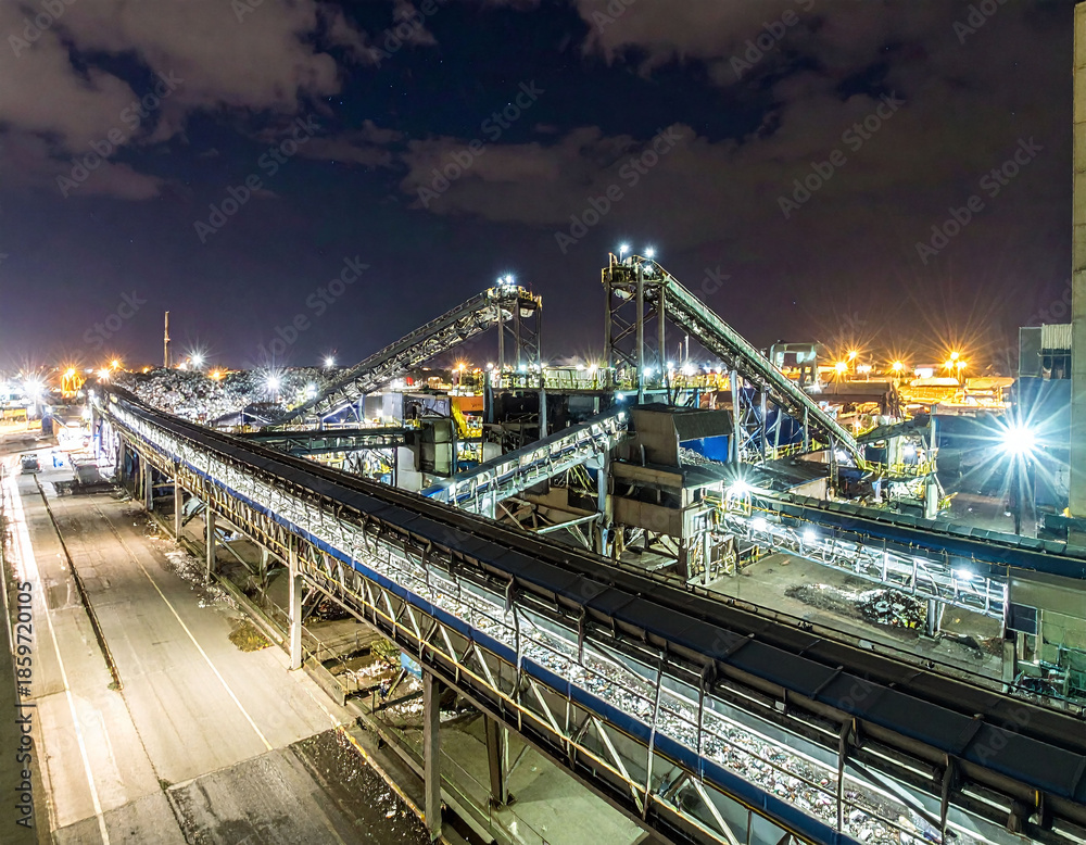 Obraz premium Vibrant nighttime industrial scene featuring conveyor belts processing scrap metal at a recycling plant. Ideal for projects on sustainability, engineering, and efficient resource recovery.