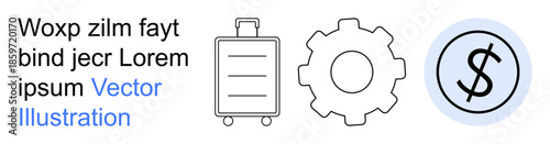 Travel, finance, innovation, development, business, mechanics. Visual of a suitcase, gear mechanism and a dollar sign. Travel and finance concept aligned with business and technology