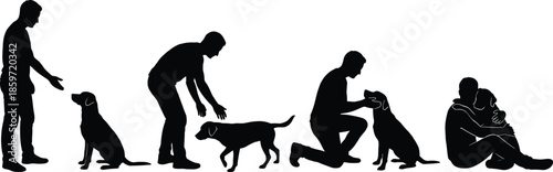 Man and dog silhouette set showing friendship stages from meeting and petting to hugging isolated on white background for design
