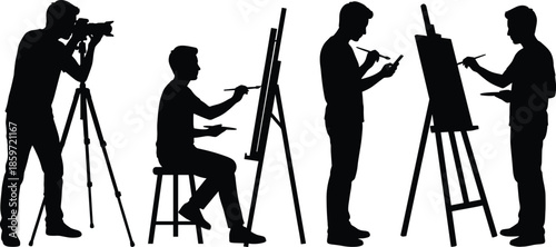 Artist and photographer silhouette vector set with man painting on easel and camera on tripod for creative studio graphic design