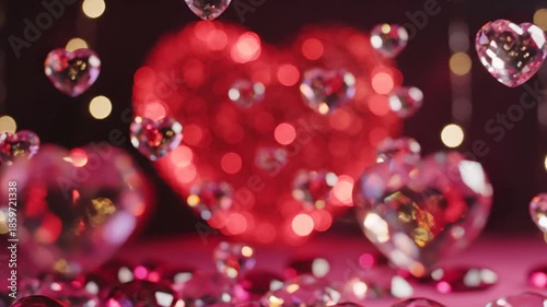 Floating heart shaped gems against blurry red and gold backgrounds representing romance and love