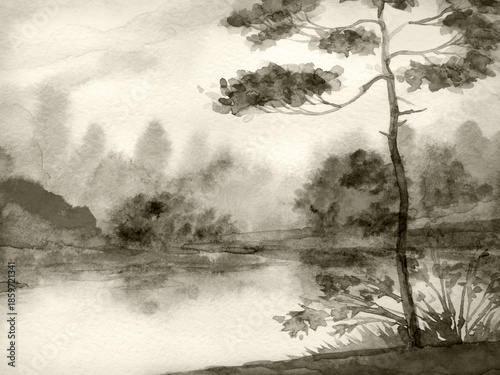 Foto Watercolor landscape. Pine tree by the lake