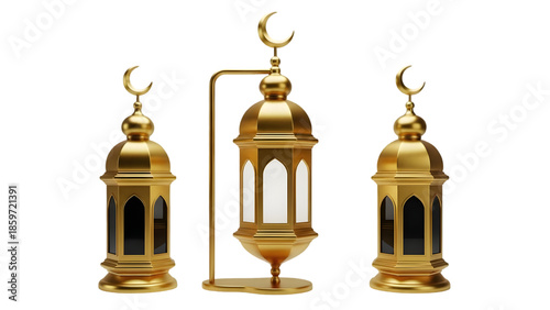 Ramadan decorations gold lanterns isolated on transparent background