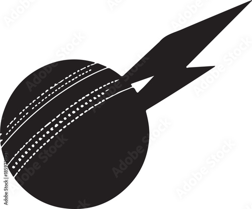 Black silhouette of a cricket ball with a sharp pointed tail on a white background Keywords: cricket, ball, sport, game, black, silhouette, tail, motion, speed, energy, dynamic, graphic