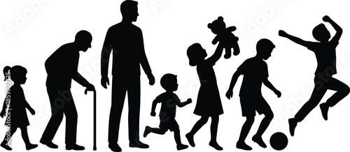 Multigenerational family silhouette vector set with children playing adults walking and elderly man with cane for life cycle graphic design