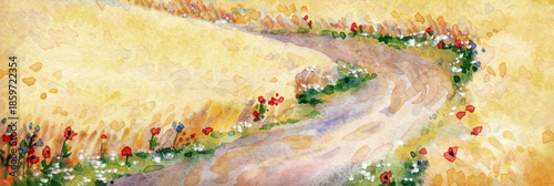 Watercolor landscape. Road to the sea in a wheat field